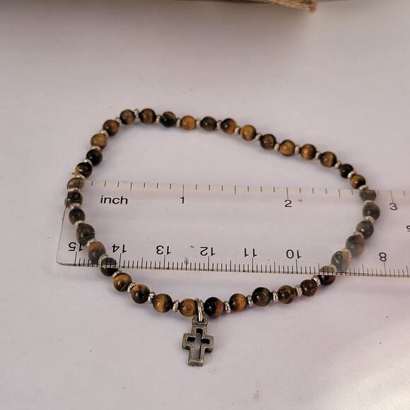 Vintage tiger's eye bracelet with silver tone cross charm 1990s stretch - Picture 7 of 10